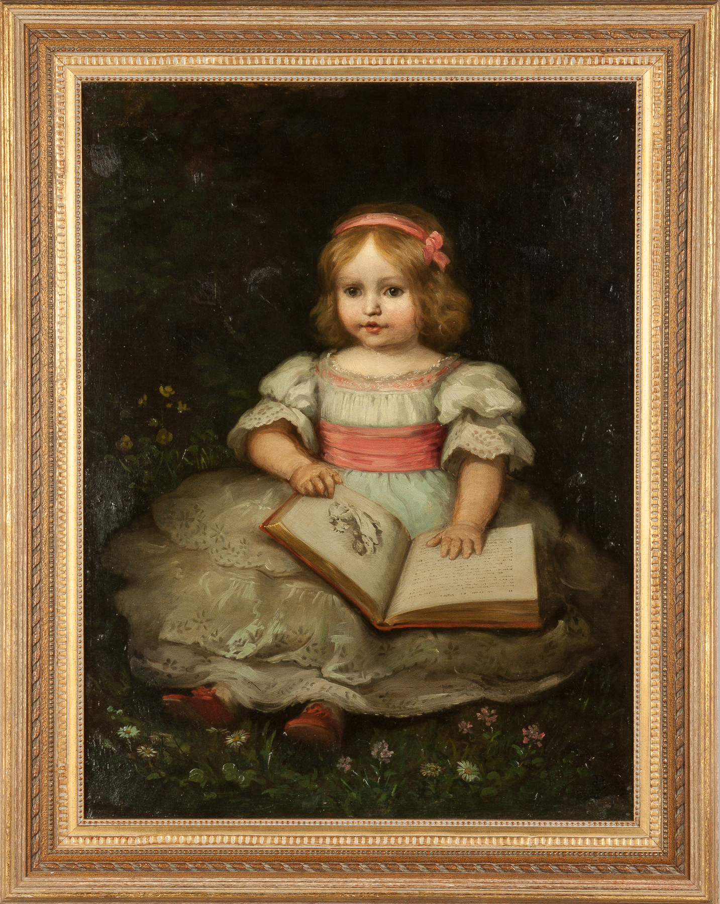 Appraisal: Portrait of a Young girl with dress pink ribbon reading