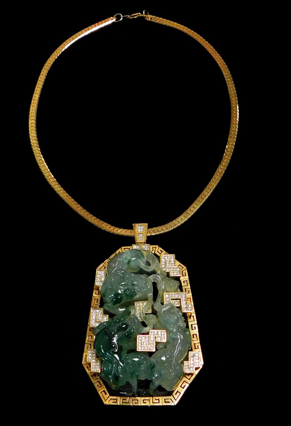 Appraisal: JEWELRY K Carved Jadeite and diamond pendant with chain pendant