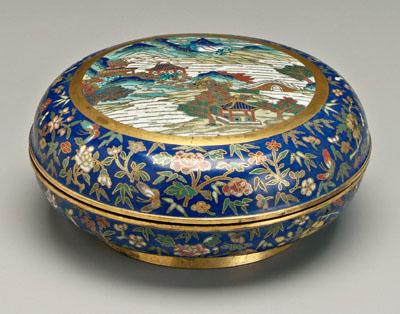 Appraisal: Chinese cloisonne lidded box bronze body gilt rims foot cobalt