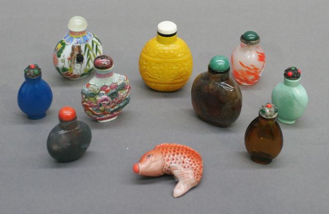 Appraisal: Ten various Chinese snuff bottles including agate with jadite stopper