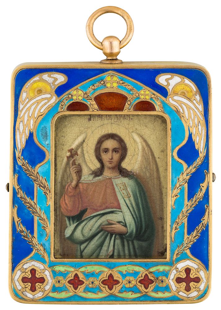 Appraisal: A FABERGE GOLD AND ENAMEL ICON PENDANT OF A GUARDIAN