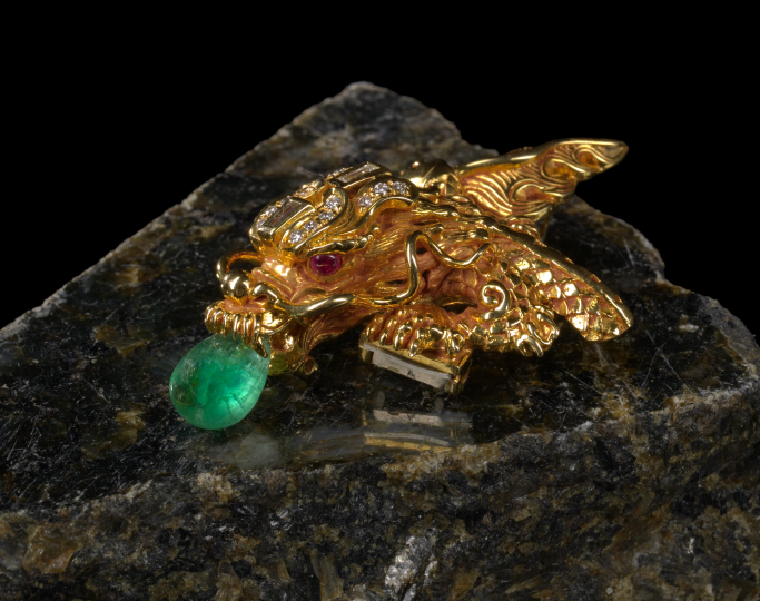 Appraisal: Eighteen-Karat Yellow Gold Emerald Diamond and Ruby Dragon Brooch the