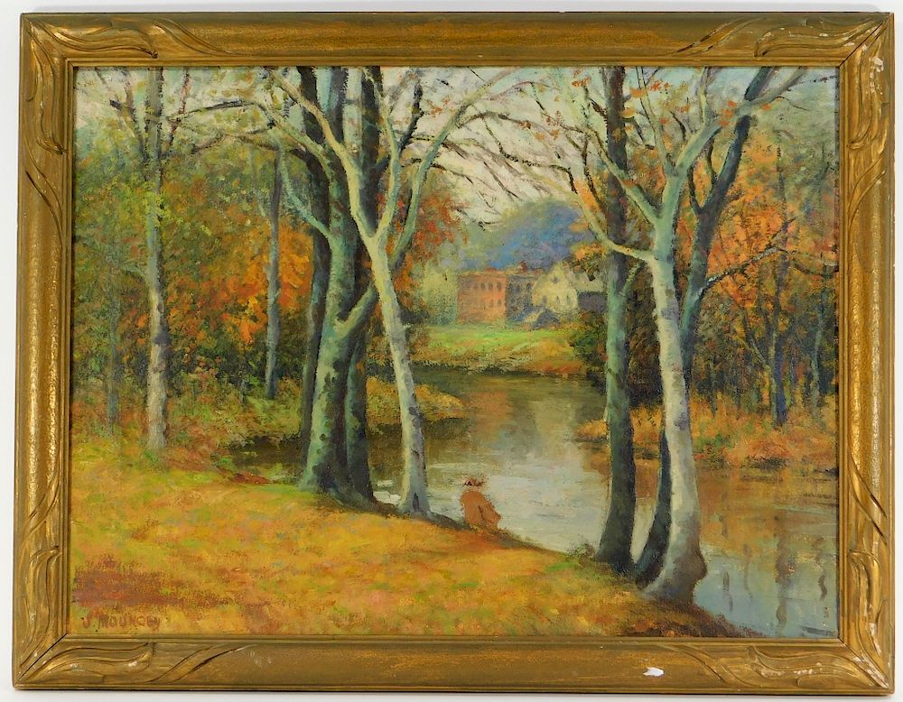 Appraisal: Impressionist Autumn River Landscape Painting United States Early th Century