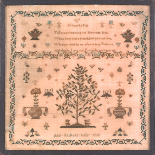 Appraisal: English silk on linen sampler dated wrought by Ann Hackett