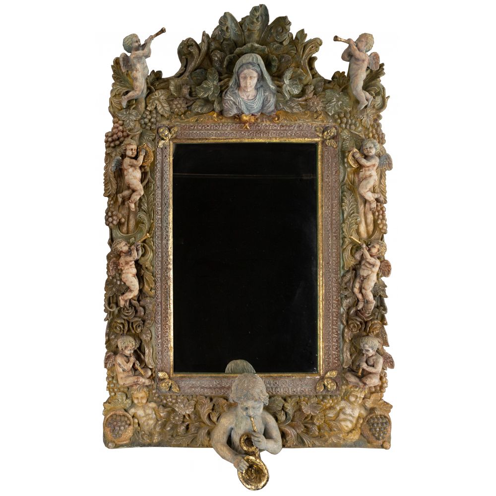 Appraisal: DECORATIVE WALL MIRROROrnate poly-chrome plaster and wood framed mirror having