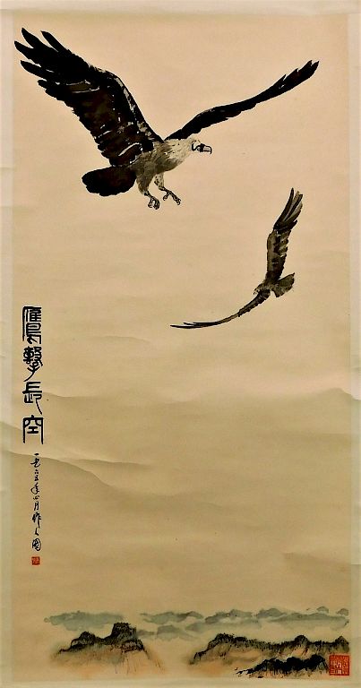 Appraisal: Japanese Birds in Flight Hanging Wall Scroll Japan thCentury Eagles