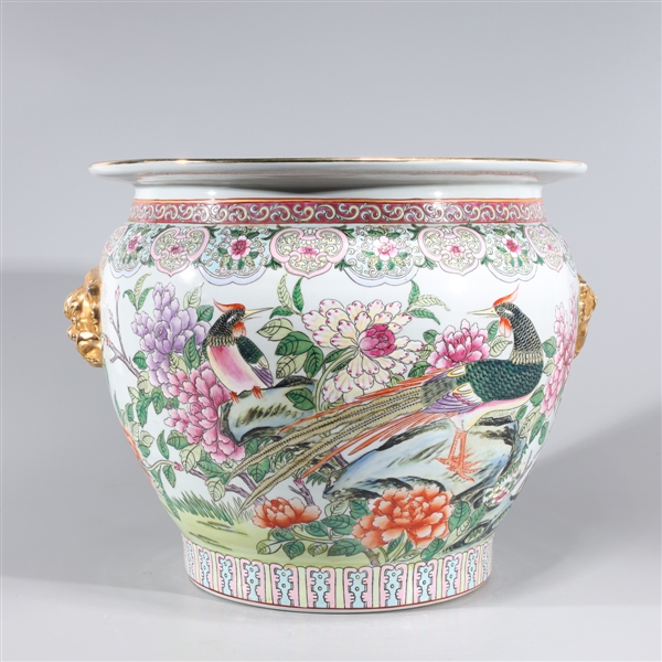 Appraisal: Chinese famille rose enameled porcelain fishbowl with birds flowers molded