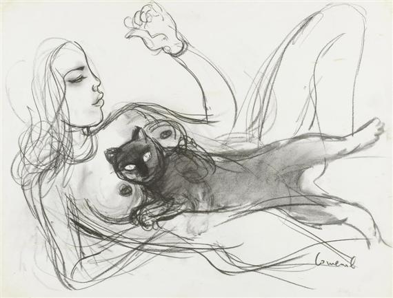 Appraisal: COMENSOLI MARIO Lugano - Zurich Nude with cat Circa Charcoal