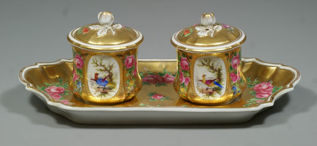 Appraisal: Paris porcelain pc inkstand floral gilt both painted with reserves