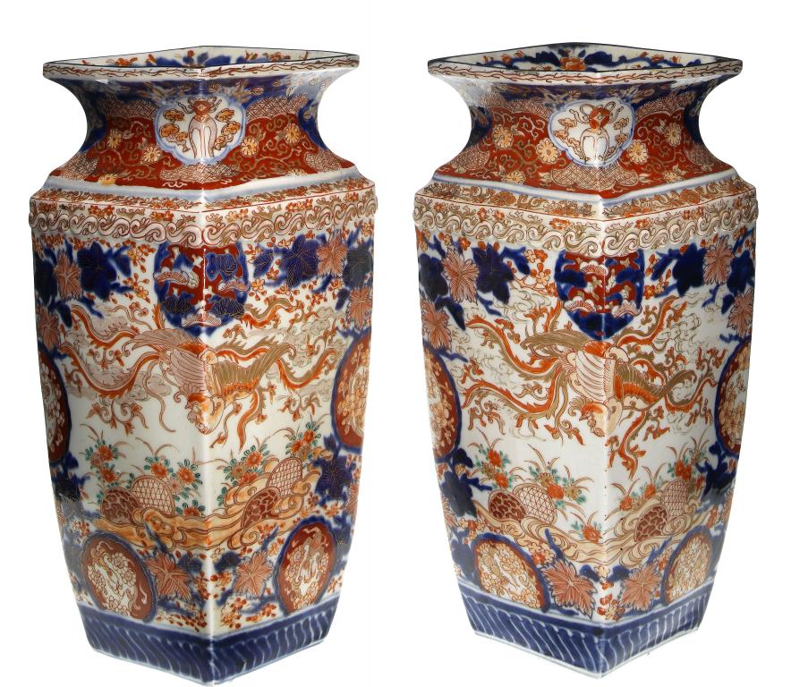 Appraisal: A PAIR OF IMARI VASES of square section with waisted