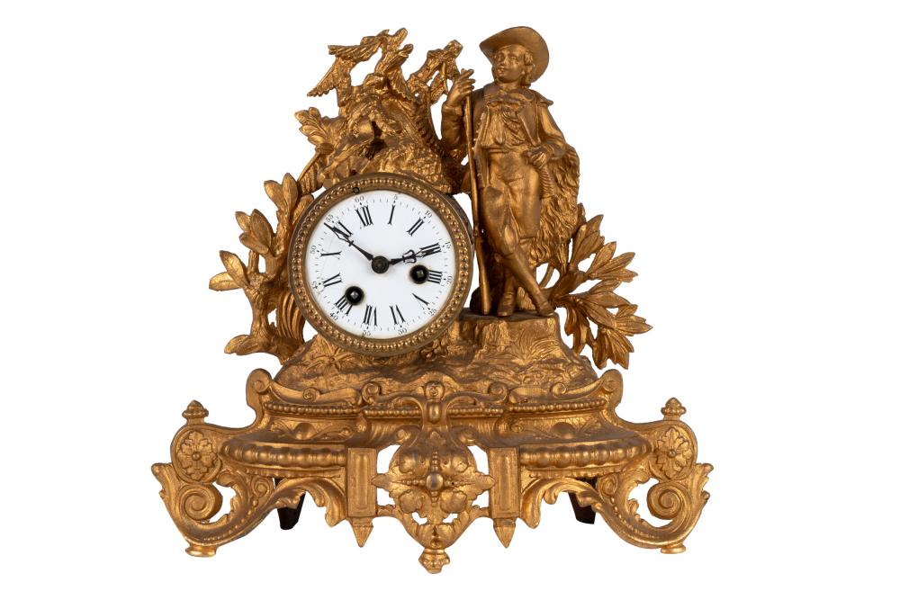 Appraisal: GILT METAL FIGURAL MANTEL CLOCKunsigned Condition re-gilt missing glass face