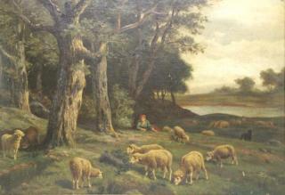 Appraisal: th C Oil on Canvas Shepherd with Flock i Landscape