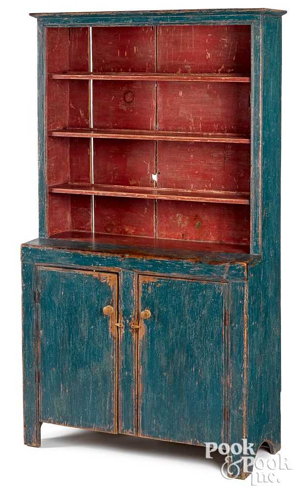 Appraisal: Painted pine stepback cupboard ca Painted pine stepback cupboard ca