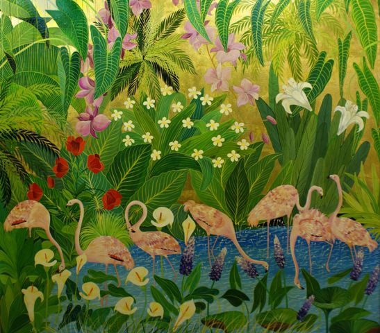 Appraisal: Milan Todd born Flamingos Feeding in a Tropical Forest oil