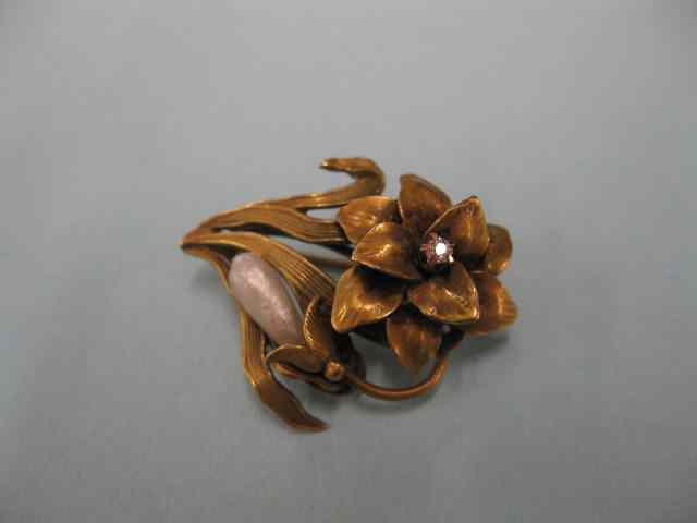 Appraisal: Victorian k Gold Floral Brooch naturalfreshwater pearl diamond '' grams