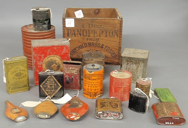 Appraisal: Group of advertising tins- Black Powder etc in a wooden