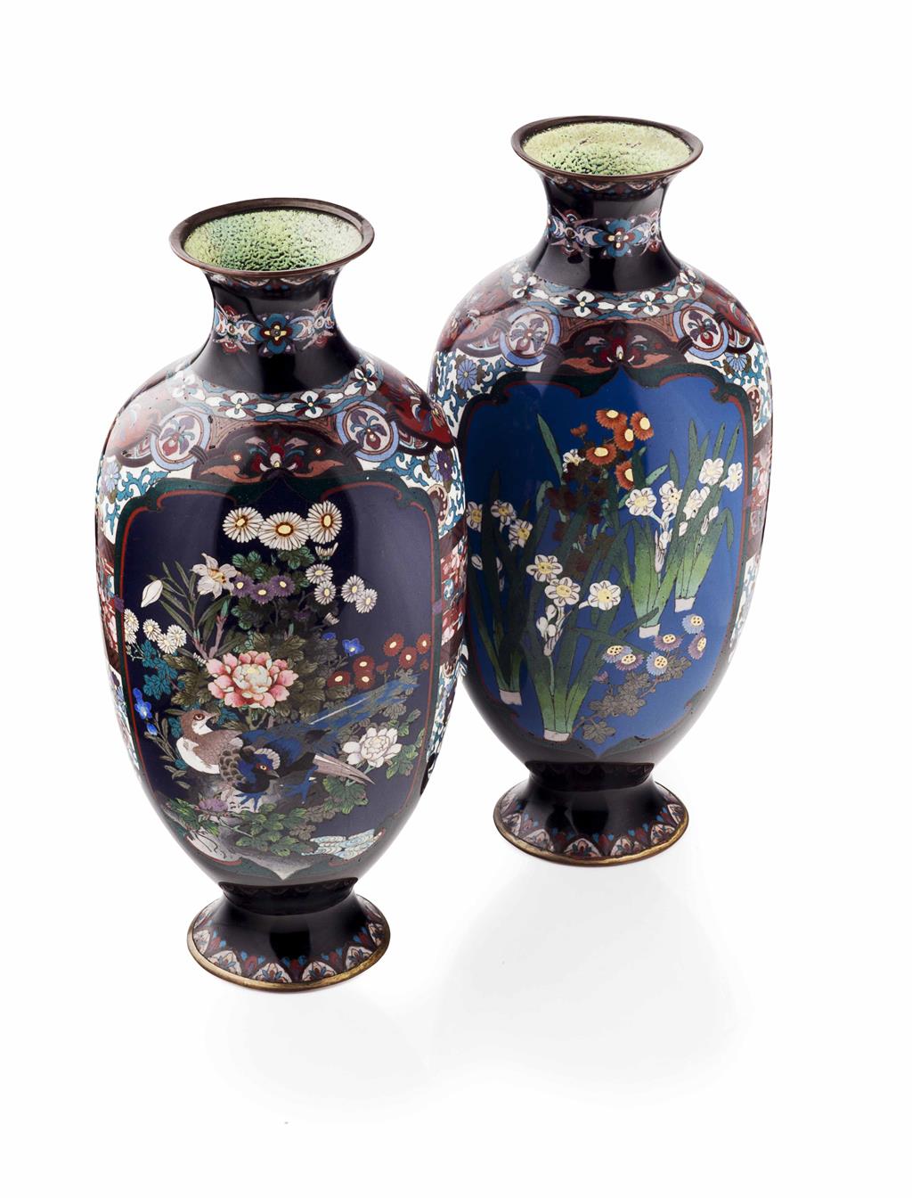 Appraisal: PAIR OF CLOISONN ENAMEL VASES MEIJI PERIOD each of flattened