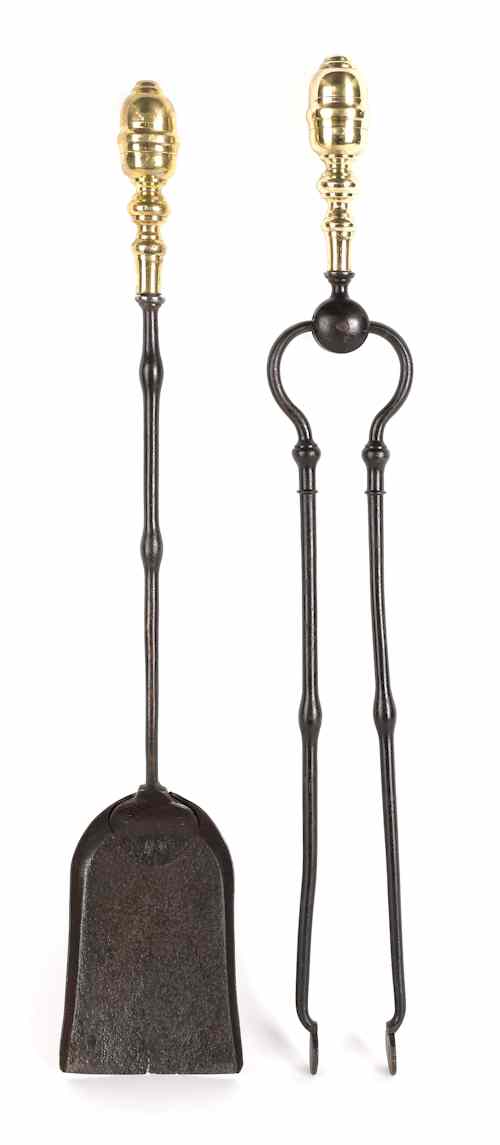 Appraisal: Federal brass and iron lemon top fire tongs and shovel