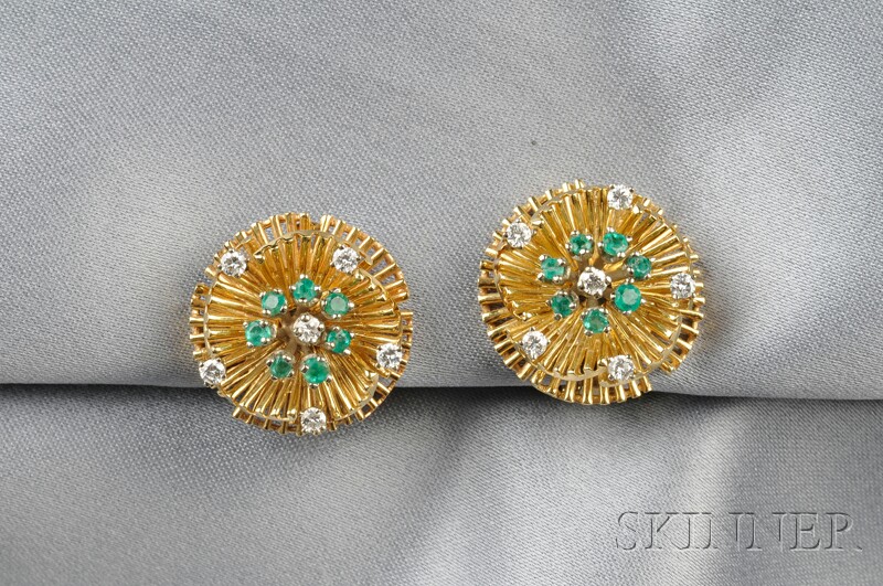 Appraisal: kt Gold Emerald and Diamond Earclips each set with circular-cut