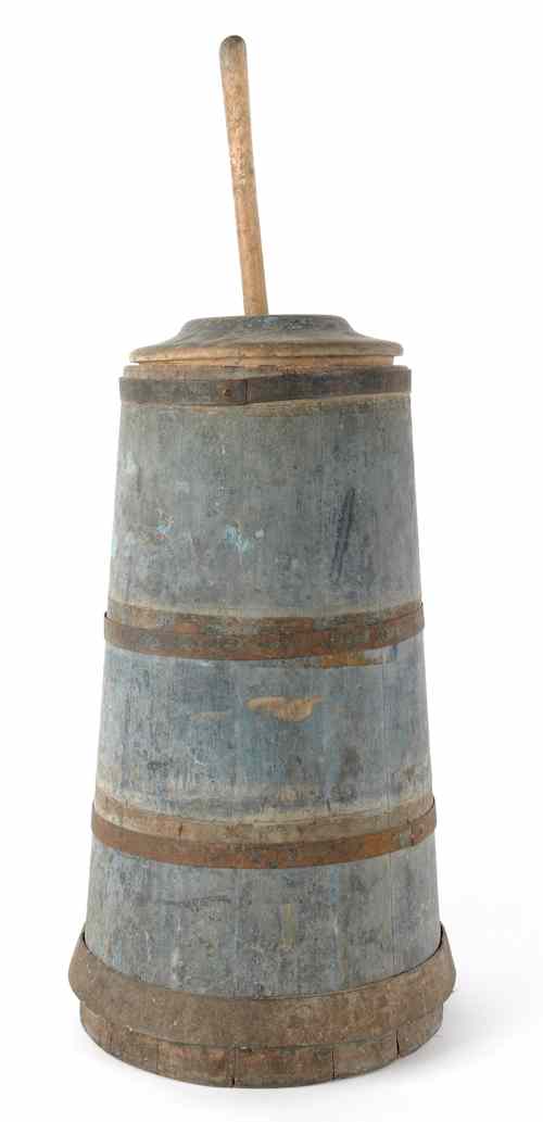 Appraisal: Painted pine butter churn th c retaining its original blue