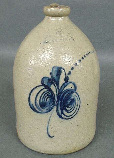 Appraisal: - Two-gallon stoneware jug with blue decoration signed F B