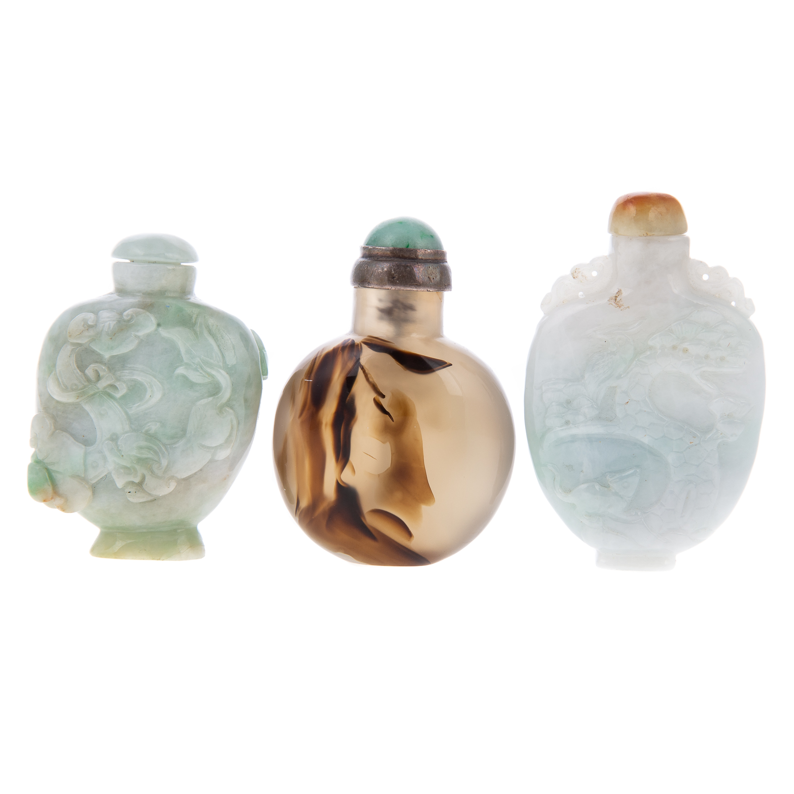 Appraisal: THREE CHINESE JADE AGATE SNUFF BOTTLES th century bottle having