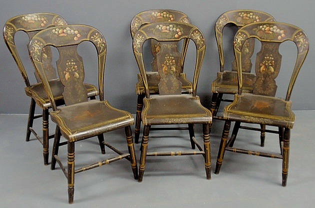 Appraisal: Set of six balloon-back side chairs th c with floral