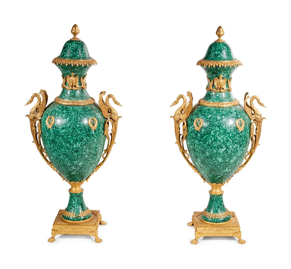 Appraisal: A Pair of Empire Style Gilt Bronze Mounted Malachite Veneered