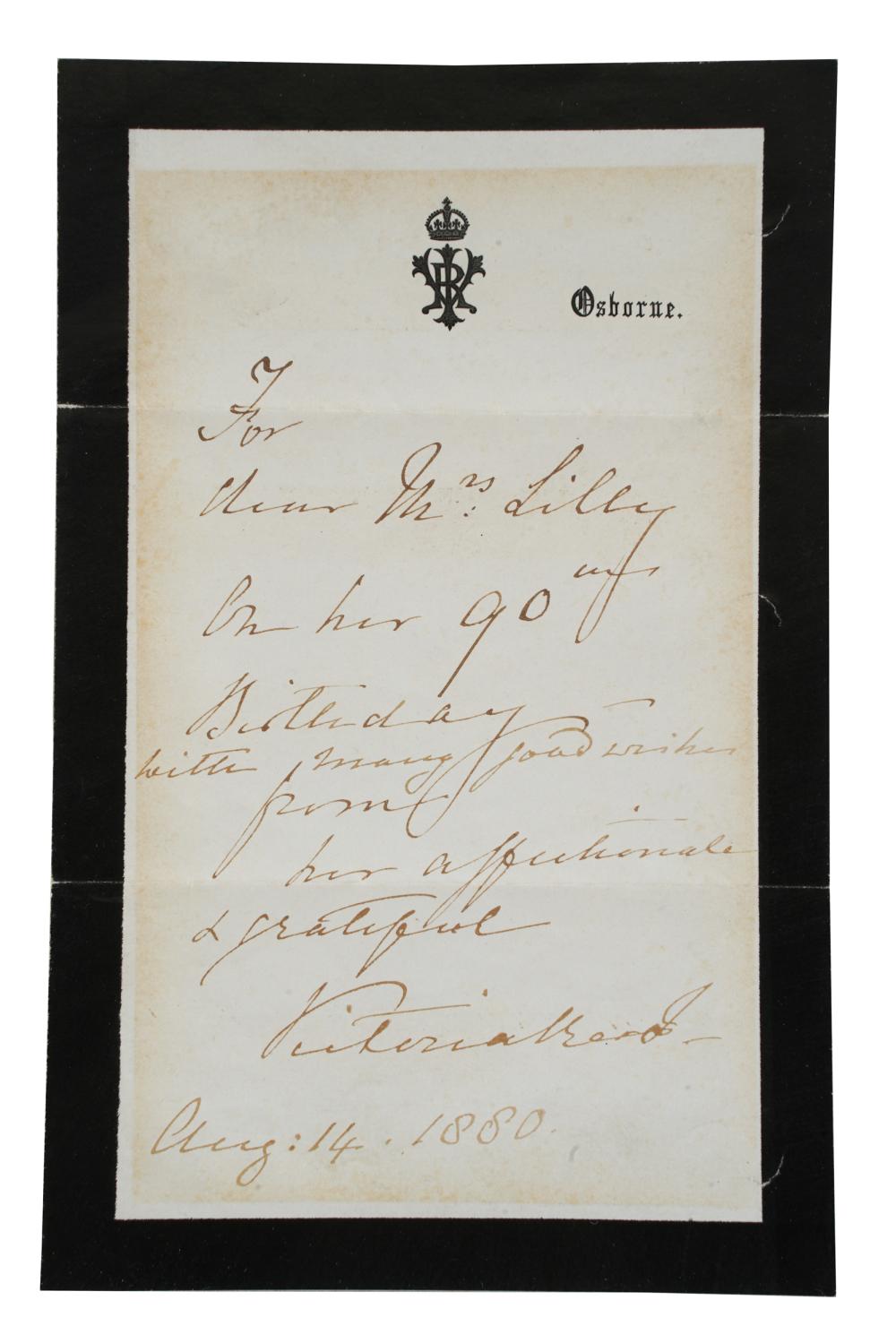 Appraisal: QUEEN VICTORIA HANDWRITTEN LETTERhand-written note from Queen Victoria of England