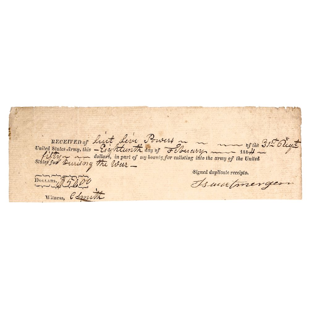 Appraisal: Isaac Morgan War of United States Army Enlistment Bounty Receipt