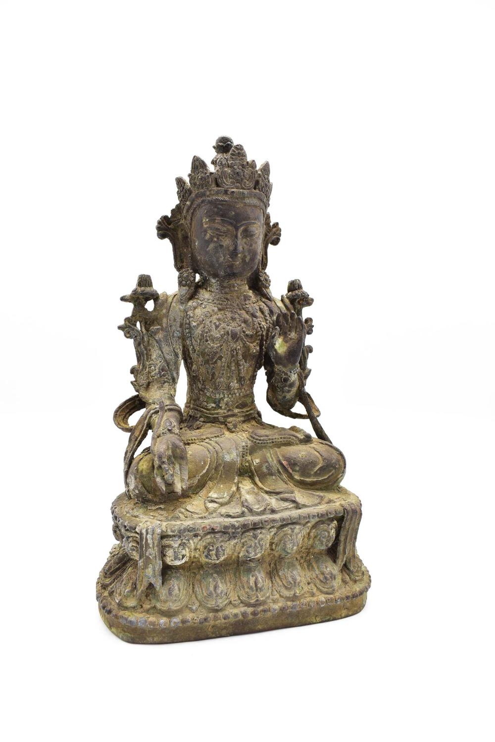 Appraisal: CHINESE SINO TIBETAN ANTIQUE BRONZE BUDDHAThe deity seated on a