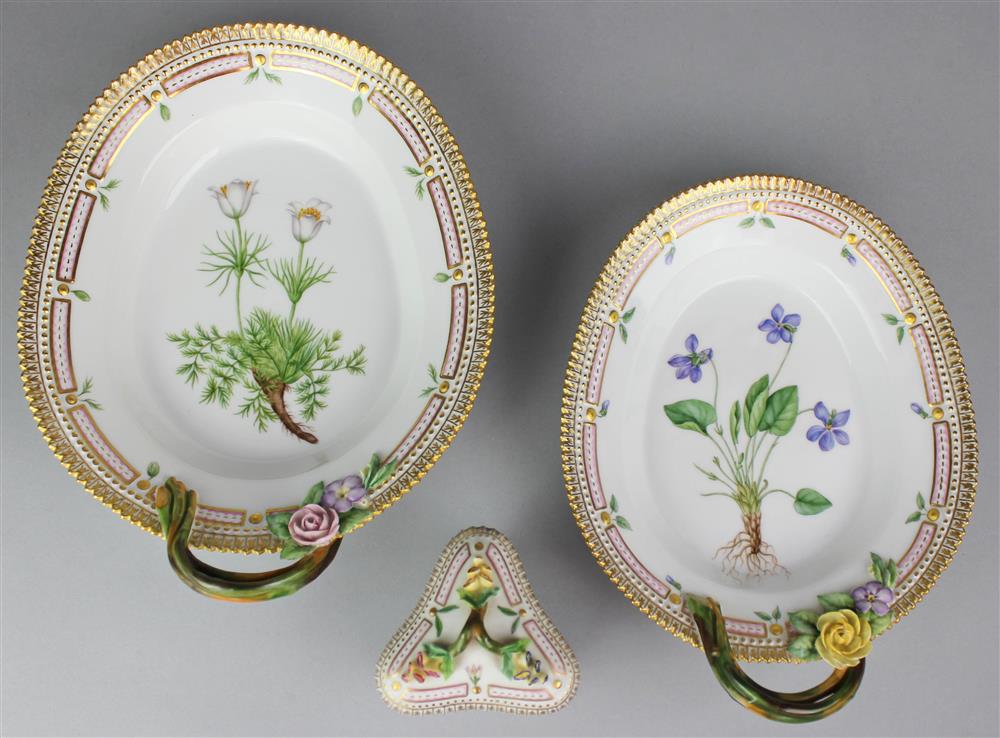 Appraisal: THREE ROYAL COPENHAGEN 'FLORA DANICA' TABLEWARES green printed and blue