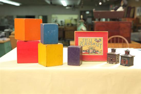 Appraisal: FOUR CHILD'S ITEMS Set of painted dovetailed nesting blocks h