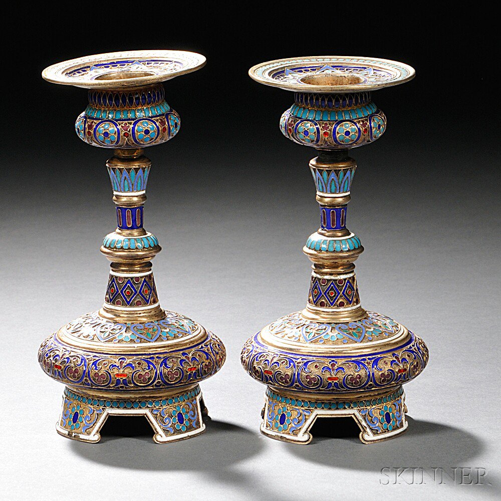 Appraisal: Pair of Russian Cloisonn -enameled Silver-gilt Candlesticks Moscow - with