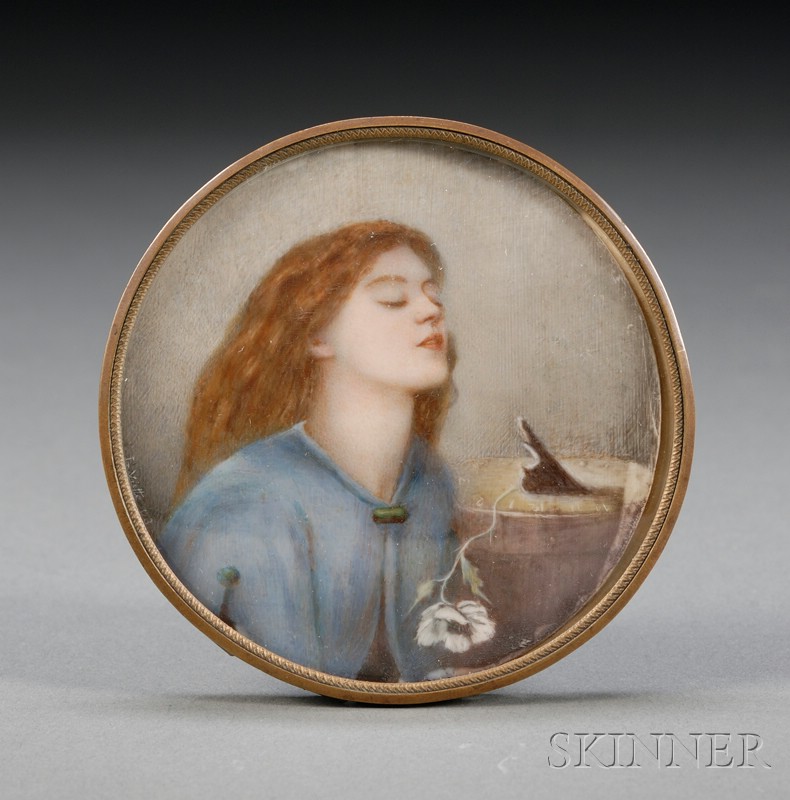 Appraisal: Pre-Raphaelite Painted Portrait Miniature on Ivory after Dante Gabriel Rossetti