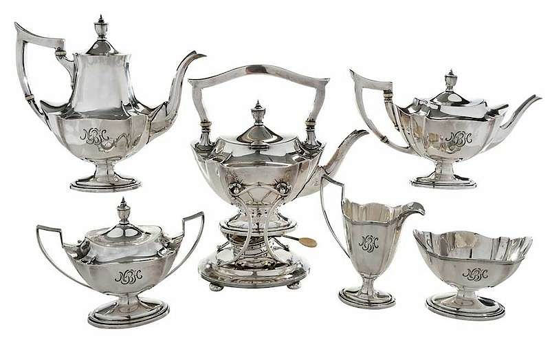 Appraisal: Six Piece Plymouth Sterling Tea Service American urn forms ivory