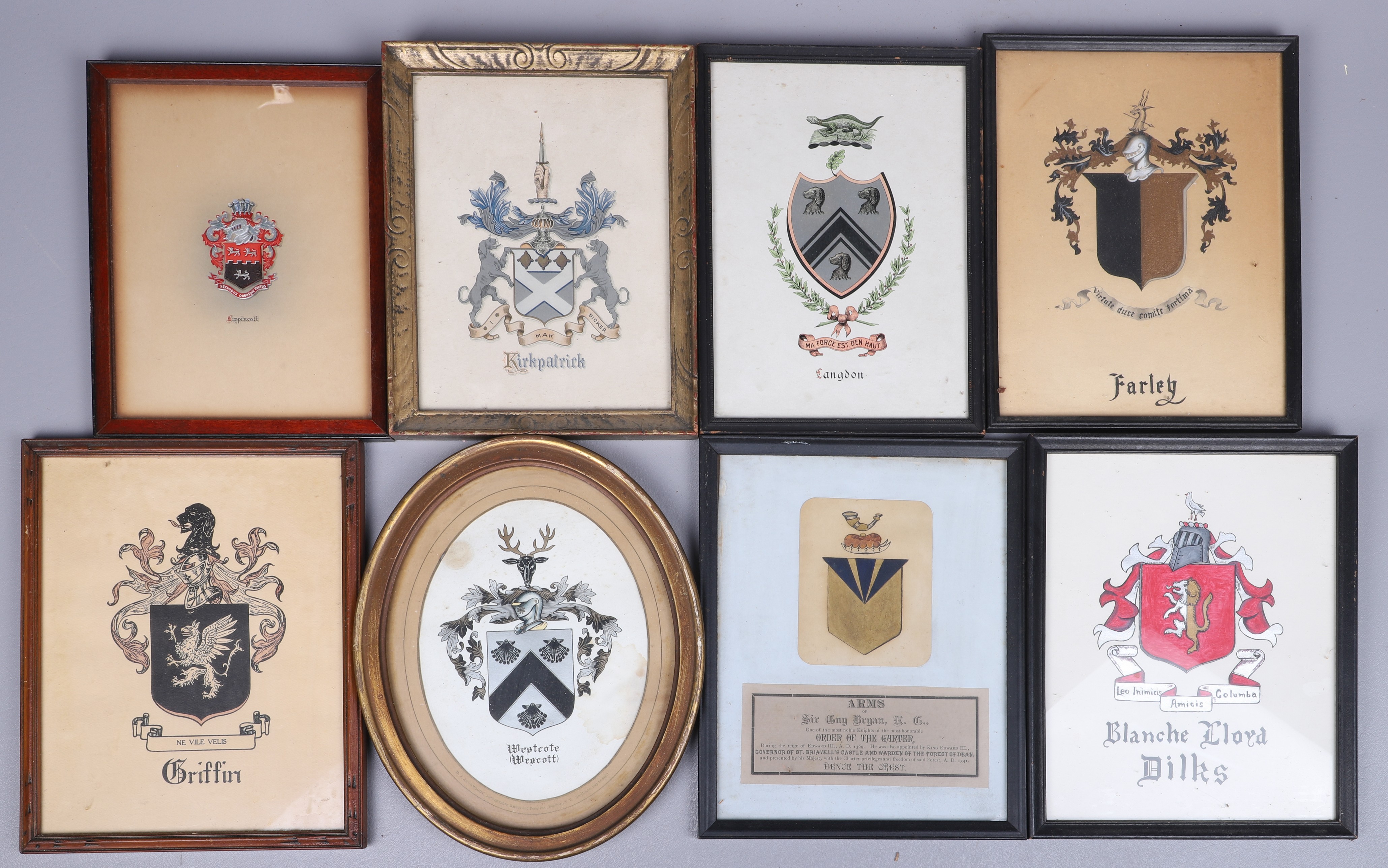 Appraisal: Framed coat of arms plaques c o Westcote Wescott Langdon