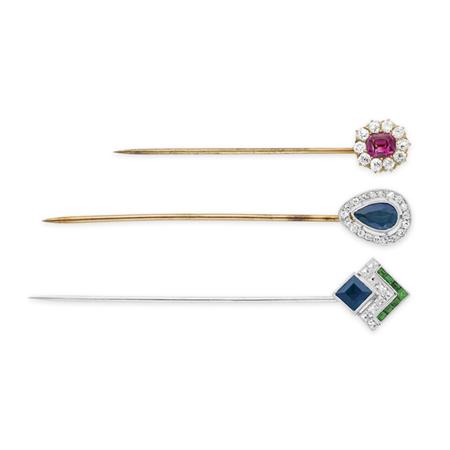 Appraisal: Three Platinum Gold Gem-Set and Diamond Stickpins Estimate -