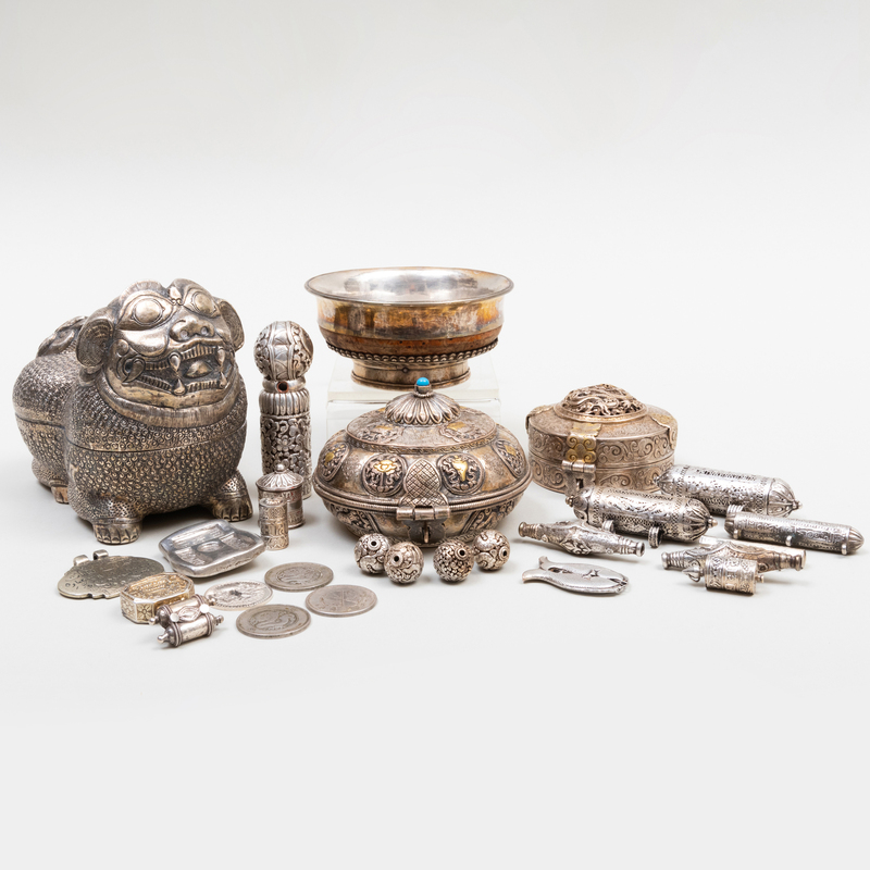 Appraisal: Group of Asian Silver Metal Articles Comprising A Buddhistic lion