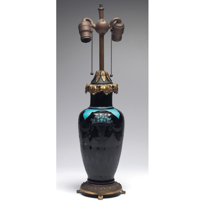 Appraisal: Steuben lamp base turquoise and black glass etched torches with