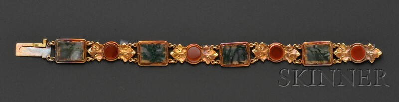 Appraisal: Arts Crafts kt Gold Moss Agate and Carnelian Bracelet Margaret