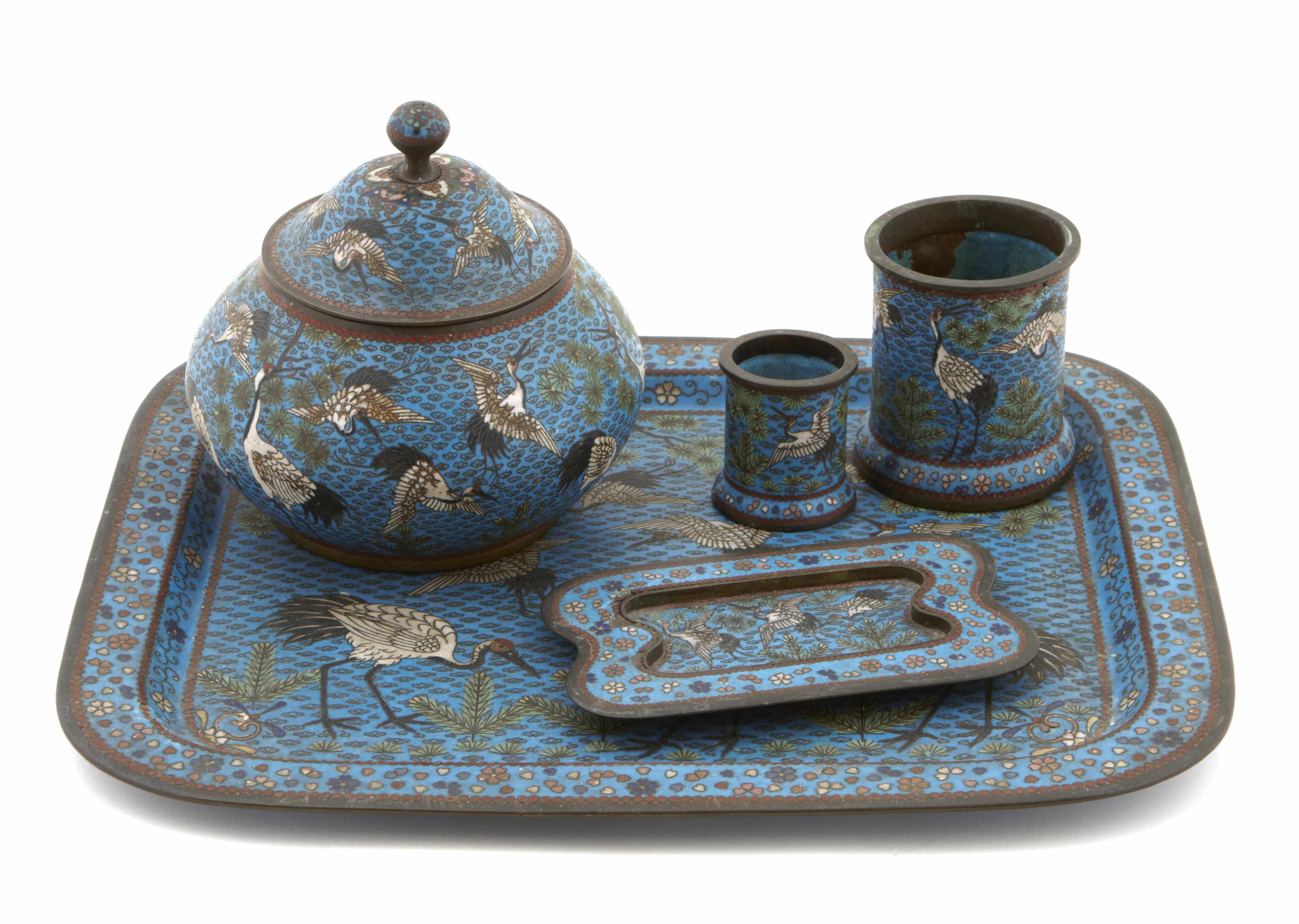 Appraisal: A Chinese cloisonn five piece smoking set Comprising one in