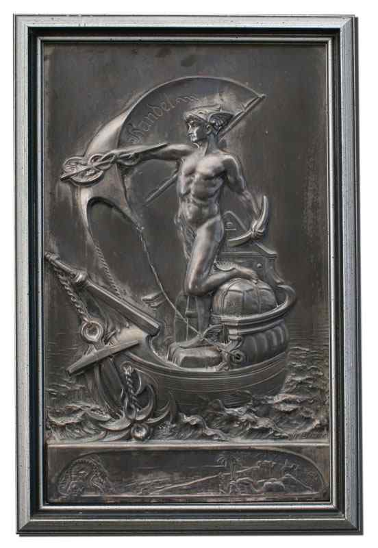 Appraisal: SILVERED PEWTER RELIEF CAST PLAQUE DEPICTING MERCURY ON A SHIP