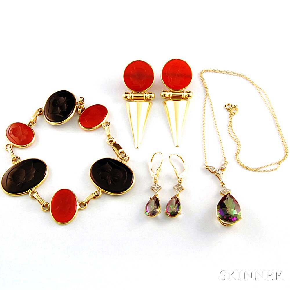 Appraisal: Group of Gold and Stone Jewelry a kt gold carnelian