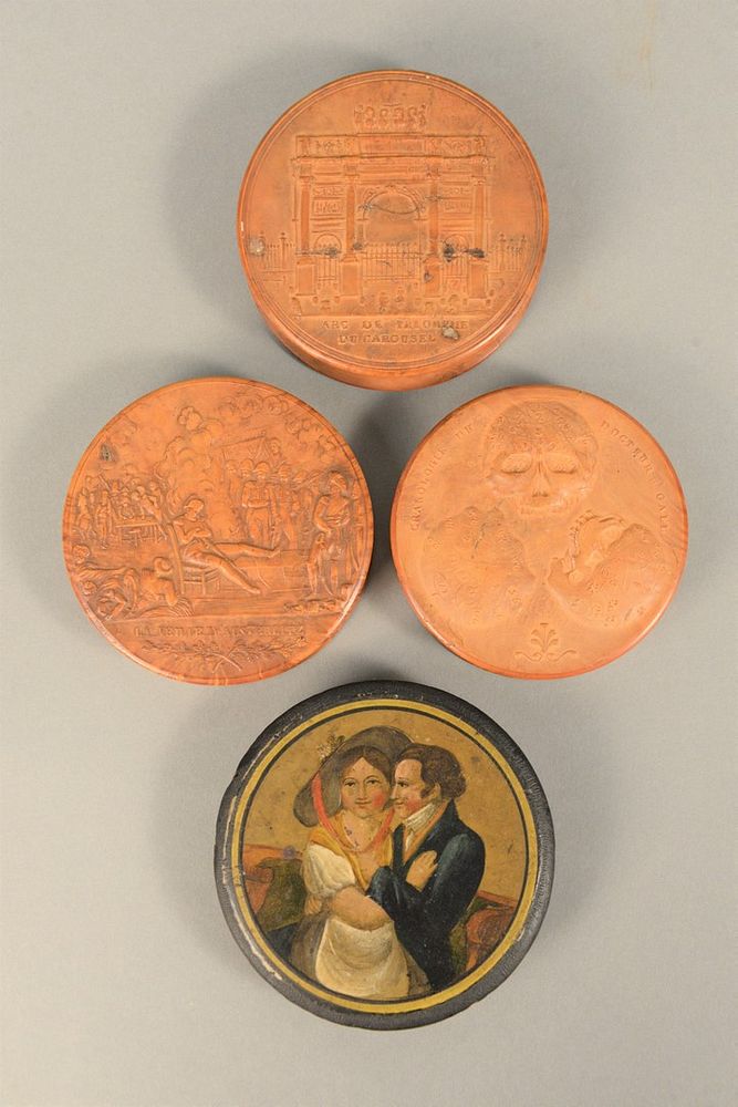 Appraisal: Four Round Snuff Boxes to include paper mache having painted