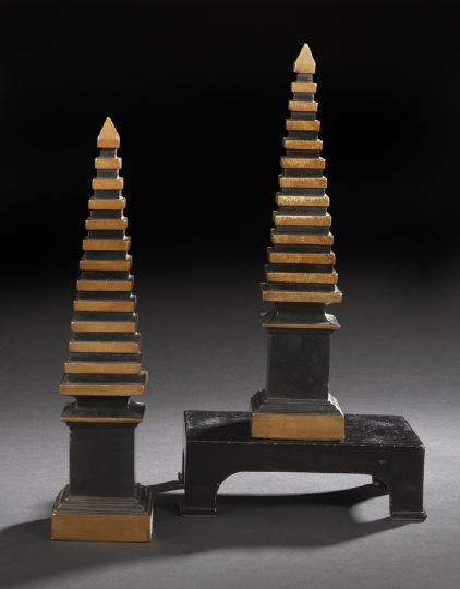 Appraisal: Pair of Continental Black-Detailed Beechwood Stepped Obelisks each on a