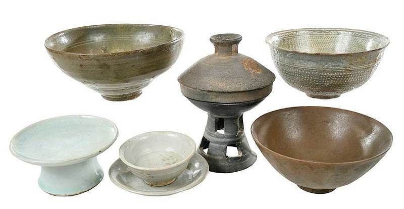 Appraisal: Seven Korean Ceramic Table Items various ages lidded earthenware funerary