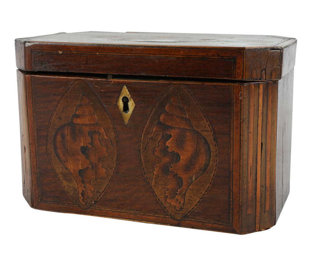 Appraisal: ENGLISH MARQUETRY TEA CADDYthe hinged lid enclosing two covered compartments