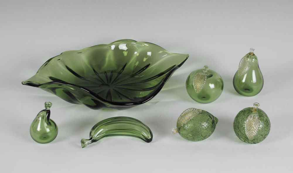 Appraisal: VENETIAN GLASS FRUIT AND BOWL Leaf form bowl holds pieces