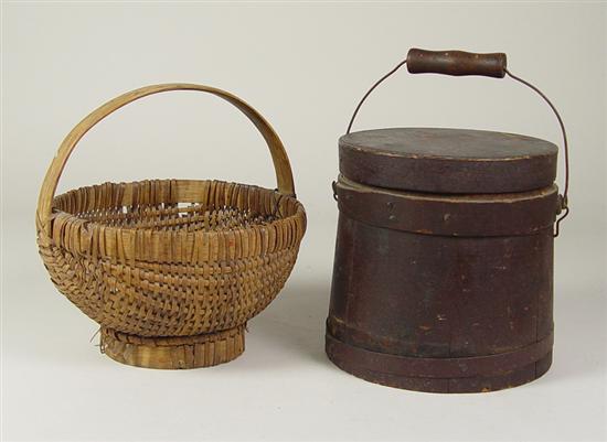 Appraisal: Brown Painted Firkin Oak Splint Basket firkin high round basket